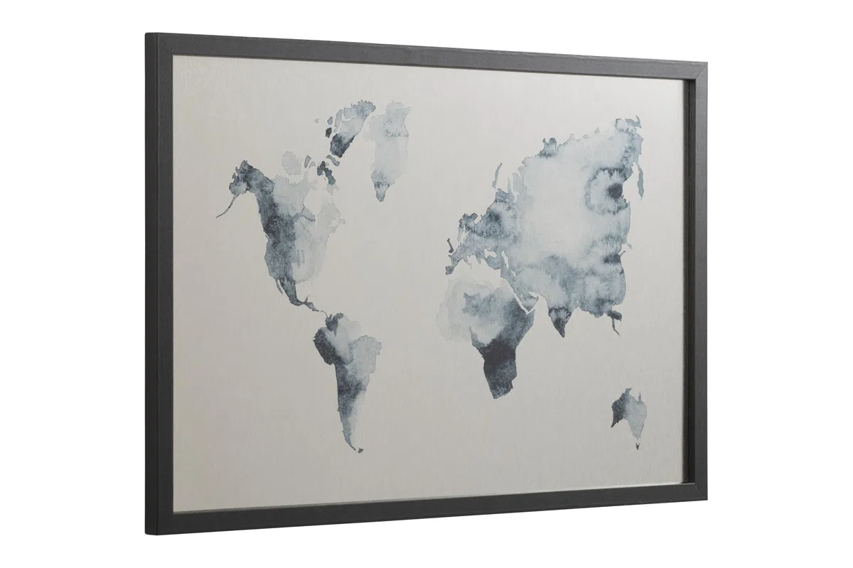 Bi-Office, Lavagna Ink Mappa del Mondo, Finitura Argento Magnetica Cancellabile a Secco, Cornice Nera MDF, 60x40cm
