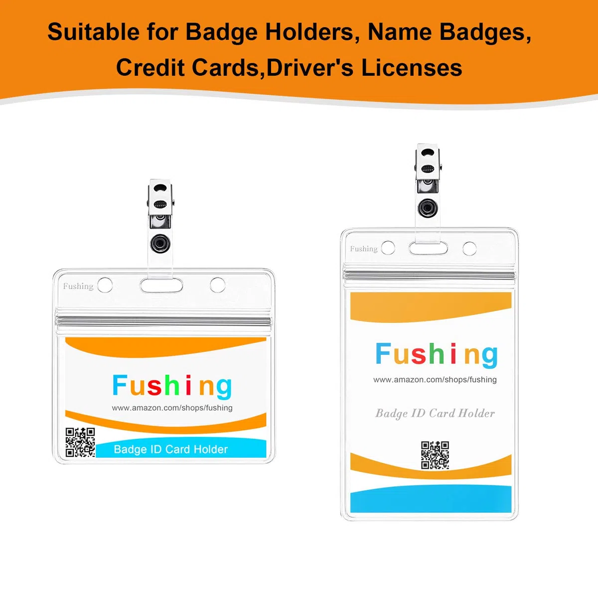 Fushing - Clip per badge in metallo con cinghiette in PVC trasparente per carte d'identità e porta badge (100)