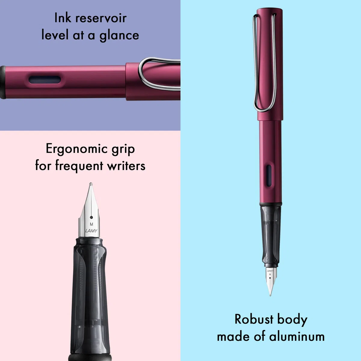 Lamy AL-star black purple - Stilografica con impugnatura ergonomica e pennino in acciaio lucido misura F - corpo in alluminio leggero - cartuccia T 10 blue inclusa - destrimani