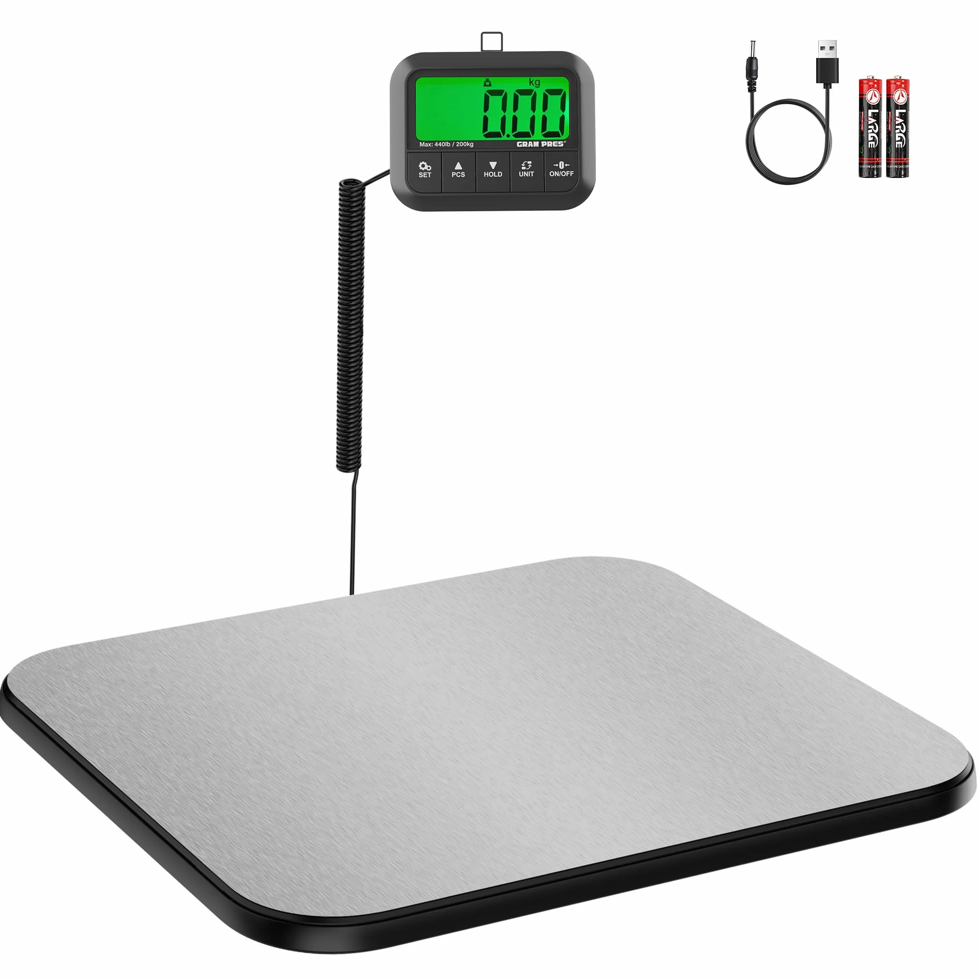 GRAM PRES Bilancia postale ad alta precisione con Hold/Tare/Pcs, 440 lbs/10 g, bilancia digitale con display LCD per pacchetti/bagagli/ufficio postale/cane, incl. batteria e cavo USB