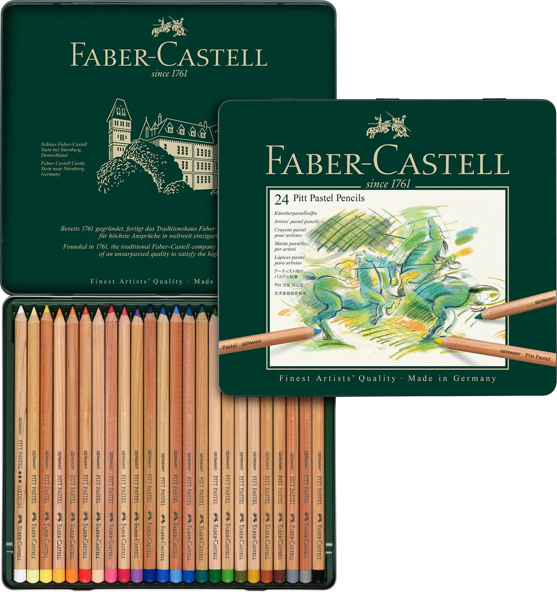 Faber-Castell 112124 - Matite colorate Pitt pastel, 24 matite colorate per artisti in astuccio di metallo, colori a prova di sbavature