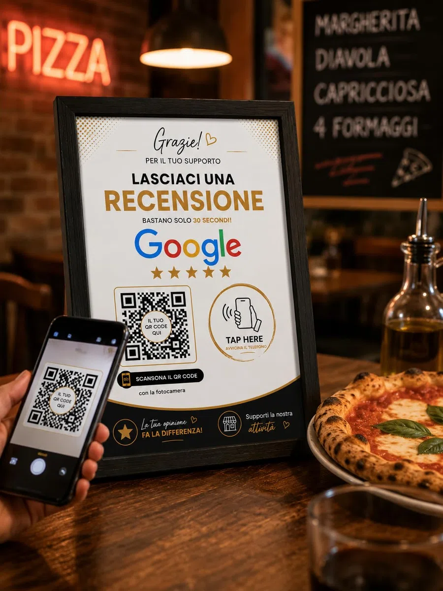 Targa Recensioni Google NFC + QR Code Personalizzata con Cornice 13x18cm | Google Review Stand per Bar Ristoranti Pizzerie Hotel Negozi | Accesso Diretto alle Recensioni