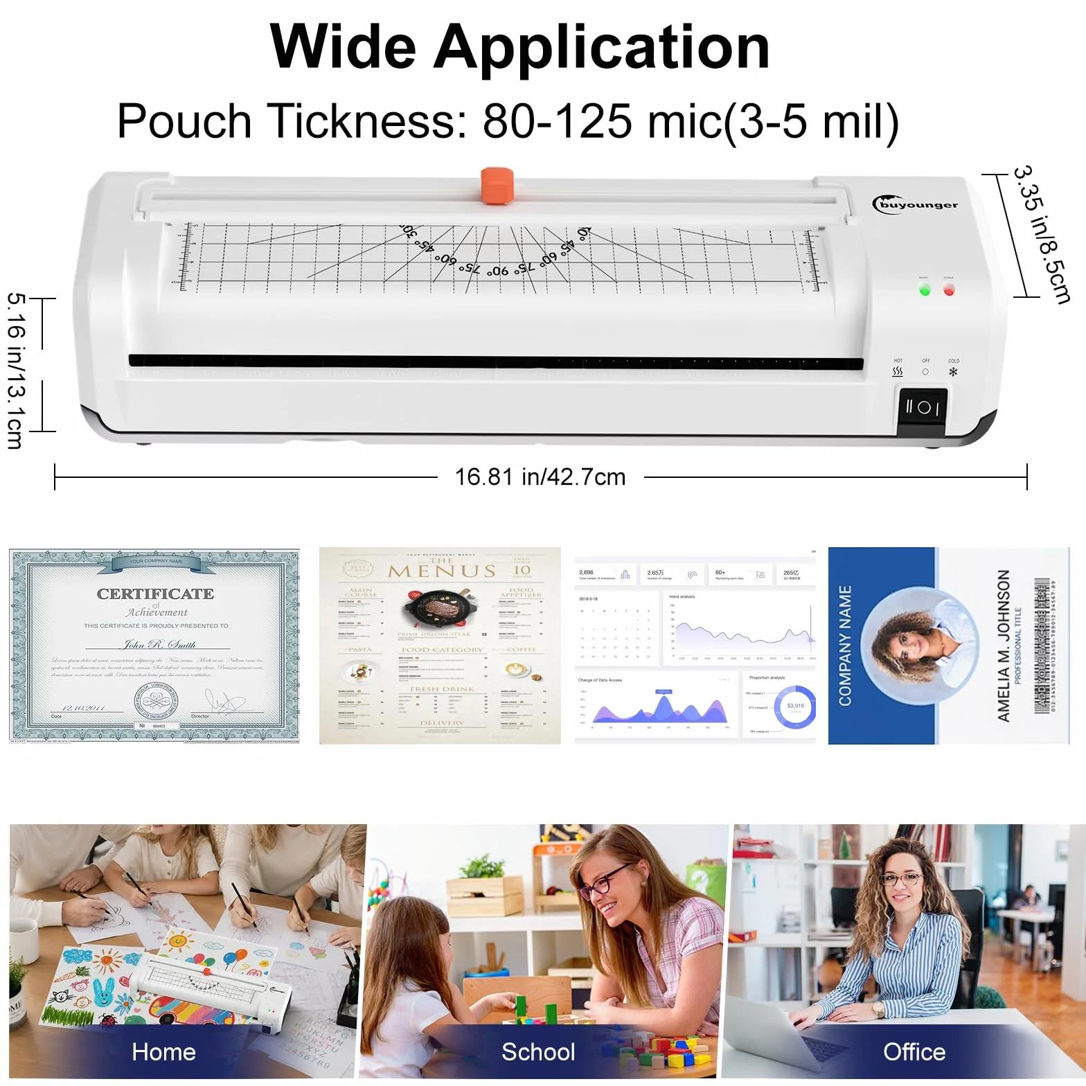 Buyounger Plastificatrice A3, Plastificatrice A3 A4 A5 A6 con Taglio Integrato, 8 in 1 Laminatrice a Freddo e Caldo, con 30 Buste, 1 Arrotondatore per Angoli per Scuola, Casa, Ufficio, Ristorante