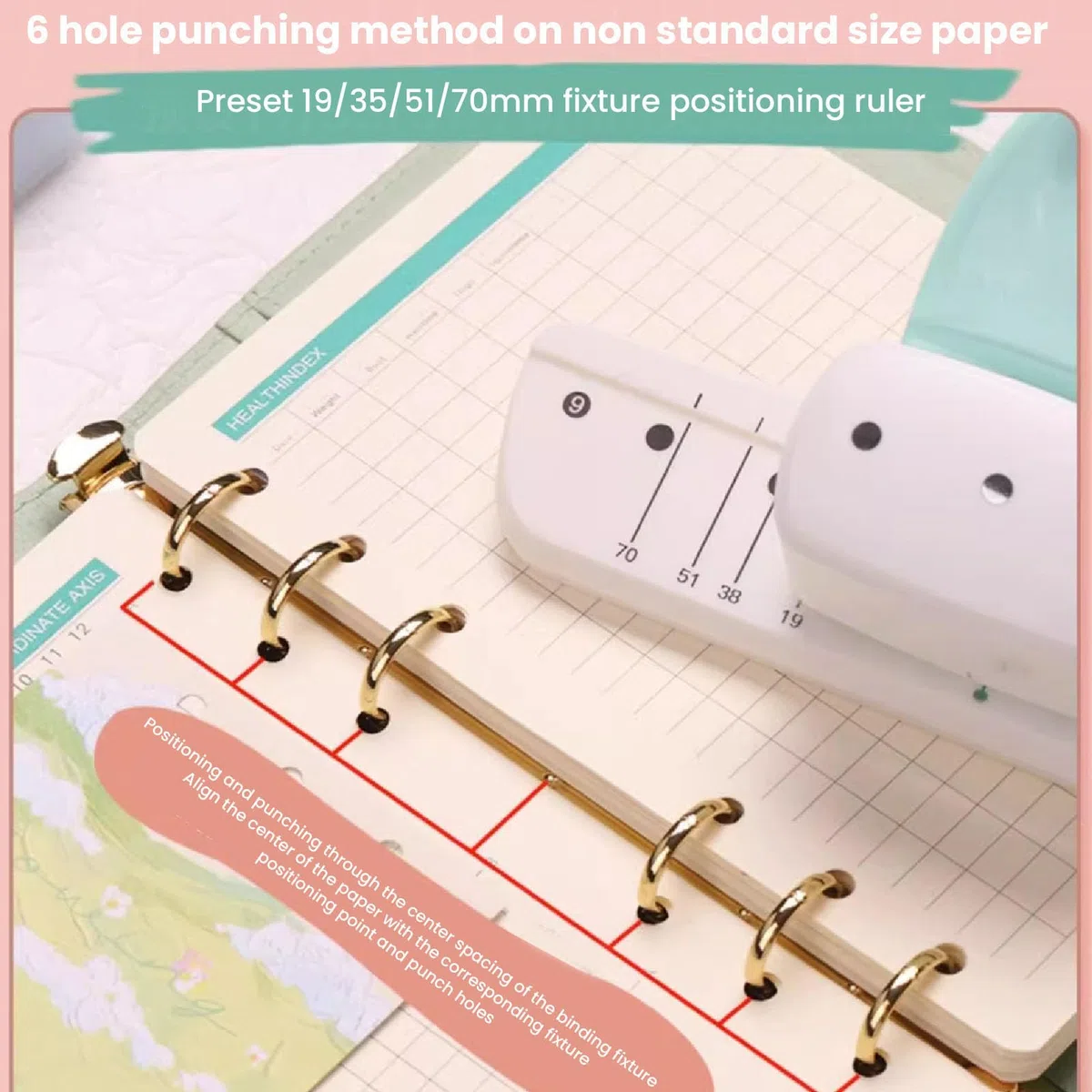 Perforatrice a 3 fori - Realizzata in plastica ABS, adatta per 8 fogli di carta A4, diametro dei fori di 4 mm, spaziatura dei fori regolabile, perforatrice per fogli mobili pe
