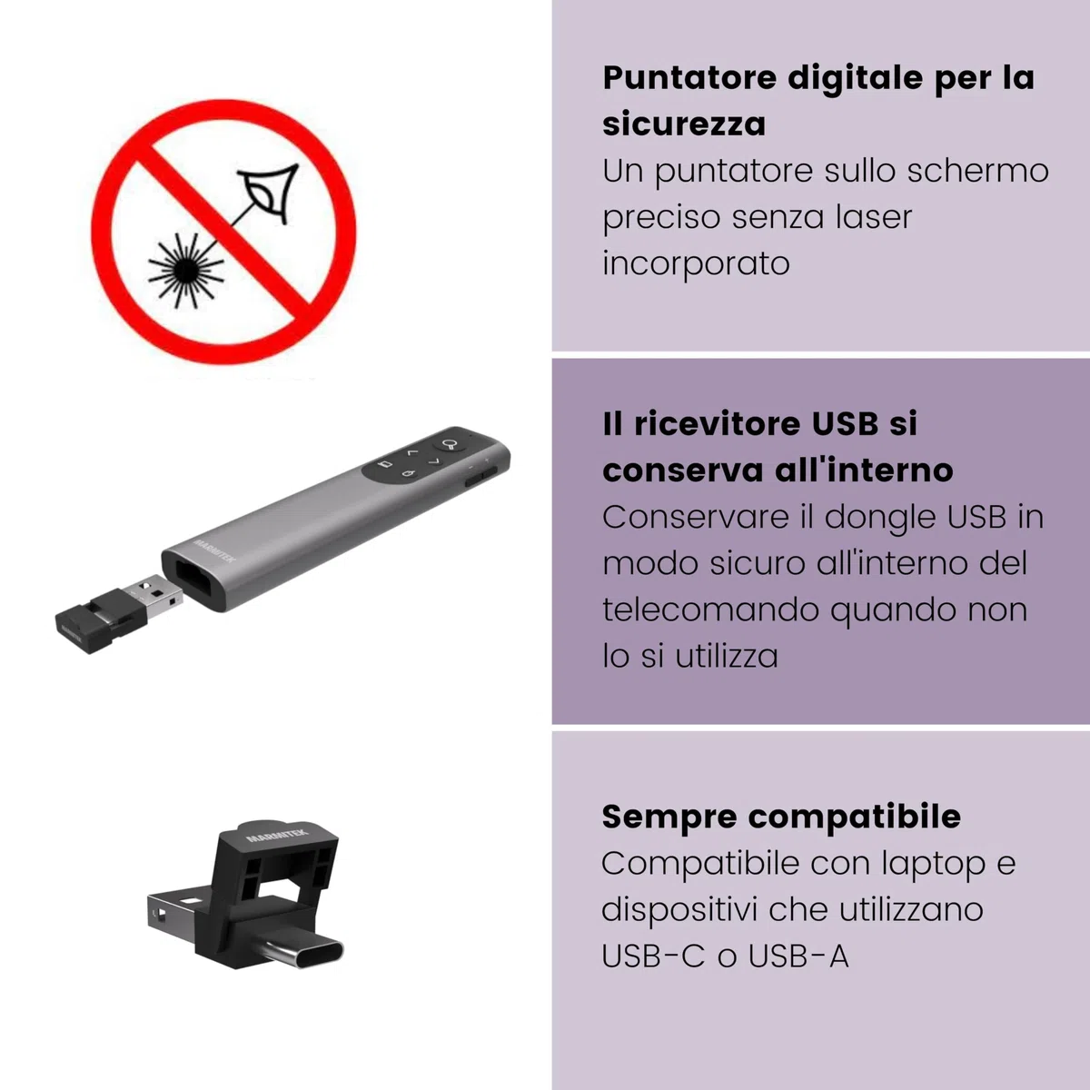 Presenter per presentazioni Marmitek WPR 400 – Puntatore digitale e Air Mouse – Funzione zoom e evidenziazione – Ricevitore USB-C e USB-A – Presentazioni wireless – Presenter – Clicker PowerPoint