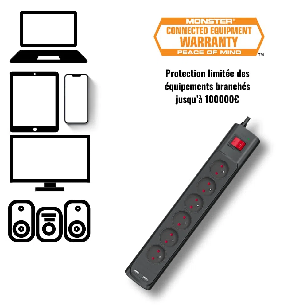 Monster POWER PARAFOUDRE PARASURTENSEUR 6 AC/2 USB-A FR