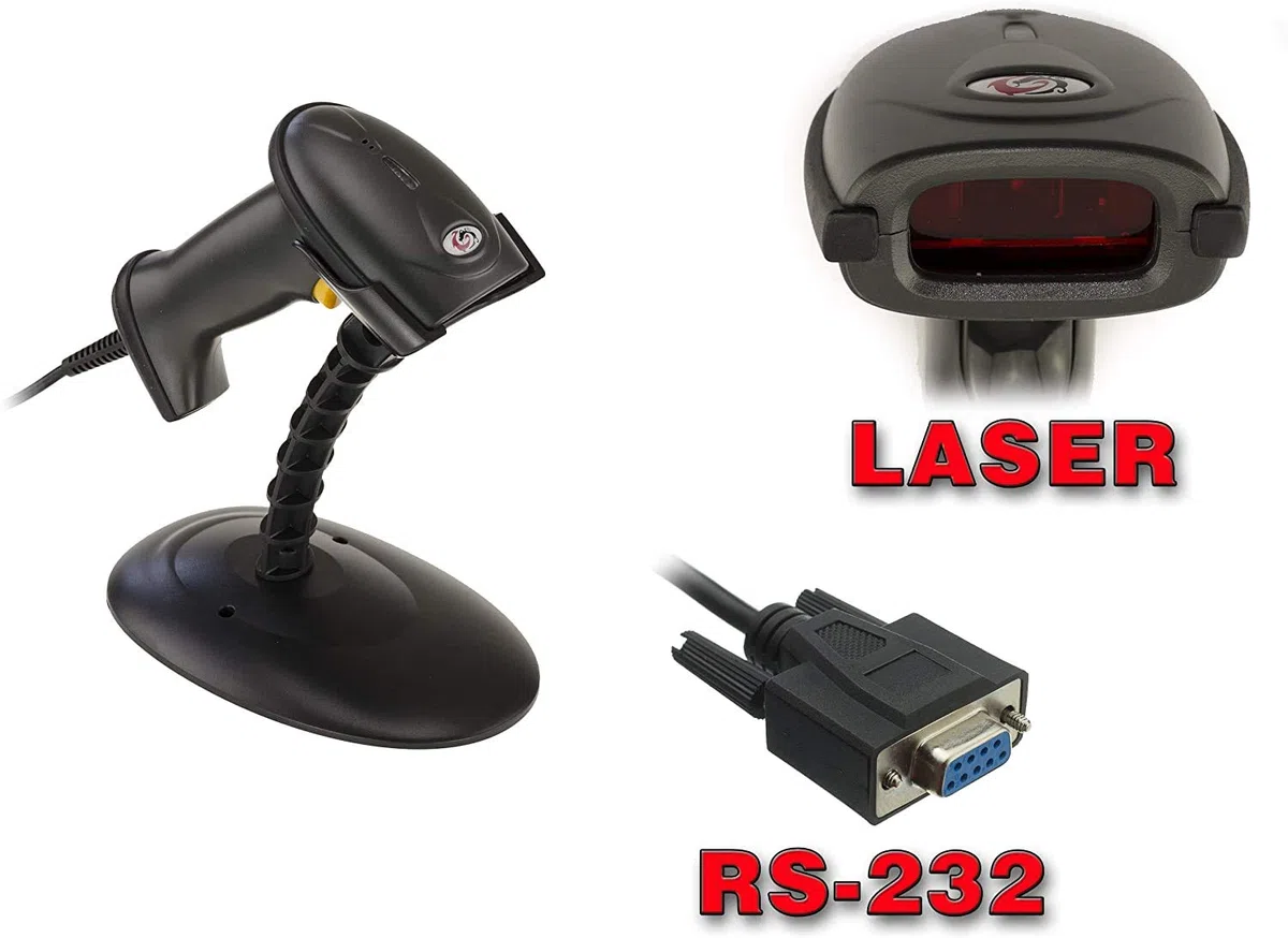 KALEA-INFORMATIQUE Scanner laser portatile per codici a barre. Con portale a mani libere, connessione seriale RS232 DB9. Per EAN, Codice 39, Codabar, Codice 128 ecc...