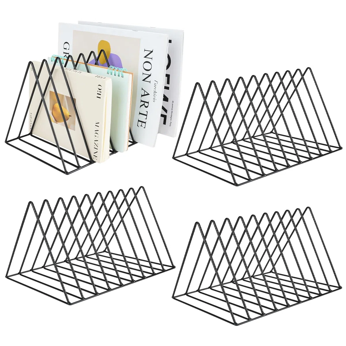 4 pezzi porta documenti triangolari, porta riviste a 9 scomparti, supporto metallico per dischi in vinile, organizer da scrivania per documenti e riviste per ufficio e casa, porta lettere e libri