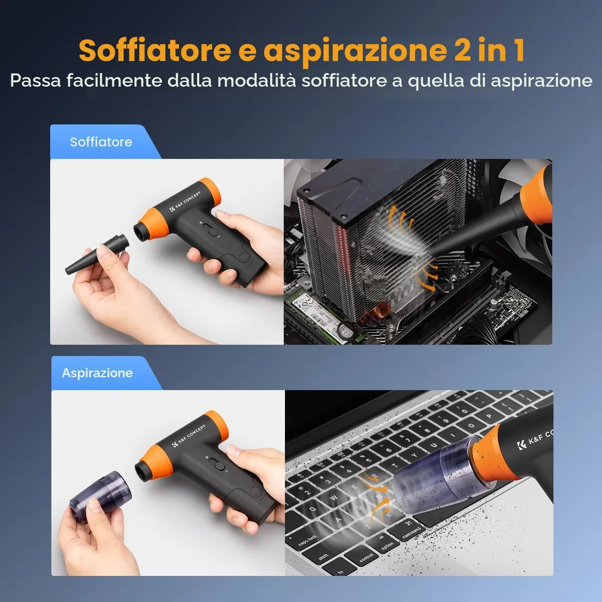 K&F CONCEPT BS200 2 in 1 Soffiatore Aspiratore 150000RPM, Aria Compressa Elettrico 5000mAh, Air Duster Spolverino Motore Brushless, per Fotocamera, Auto, PC, Tastiera, All'aperto, Casa