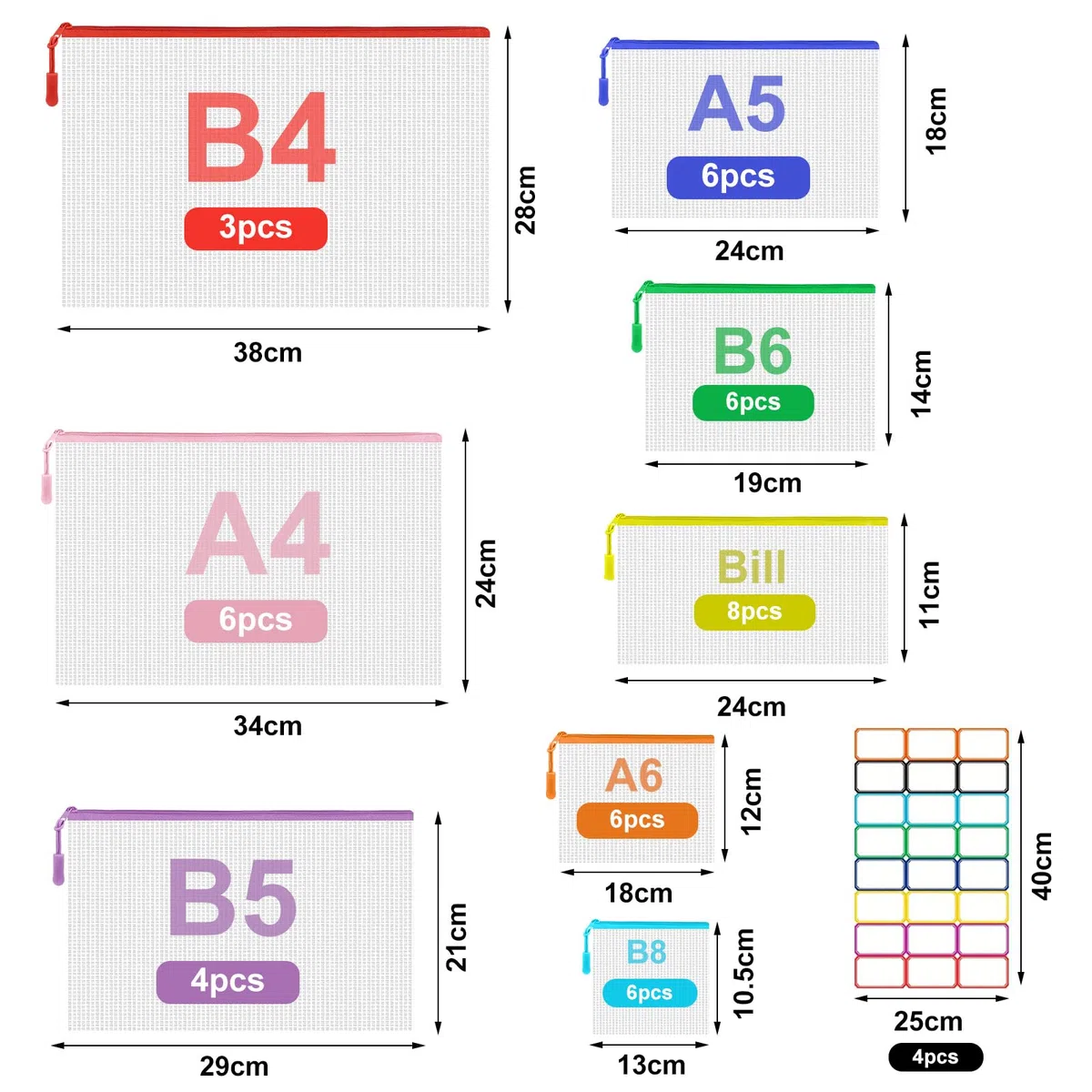 45 pezzi Borsa portadocumenti impermeabile con chiusura lampo, 8 misure Mesh Bag Zipper sacchetto PVC plastica trasparente per scuola, cosmetici, organizzazione dei file, stoccaggio di cancelleria