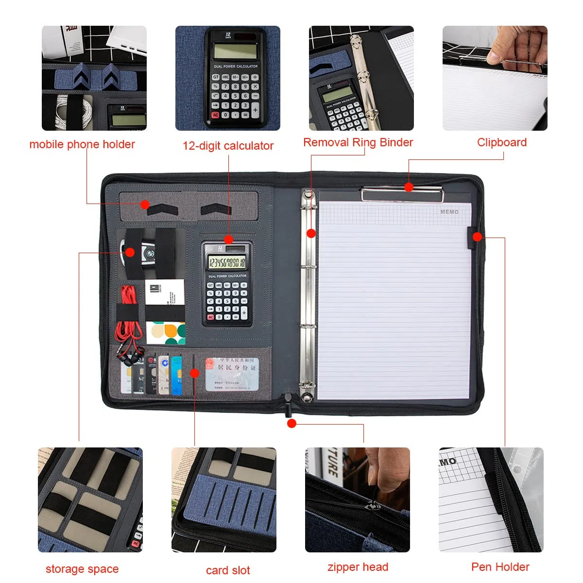 Portfolio in pelle con rimozione di potenza mobile 8000 mAh, organizer per conferenze aziendali per notepad per donne/uomini (con calcolatrice, nero)
