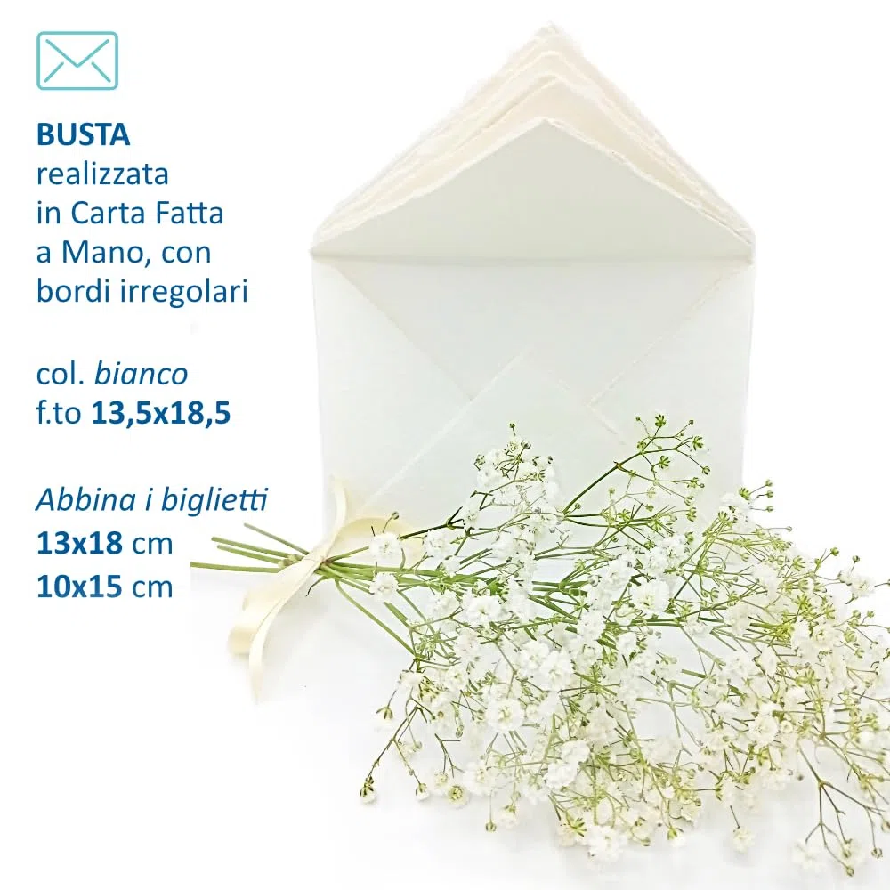 Buste in Carta Artigianale con Bordi irregolari, 13,5x18,5 cm, Confezione da 10, Made in Italy (Bianco)