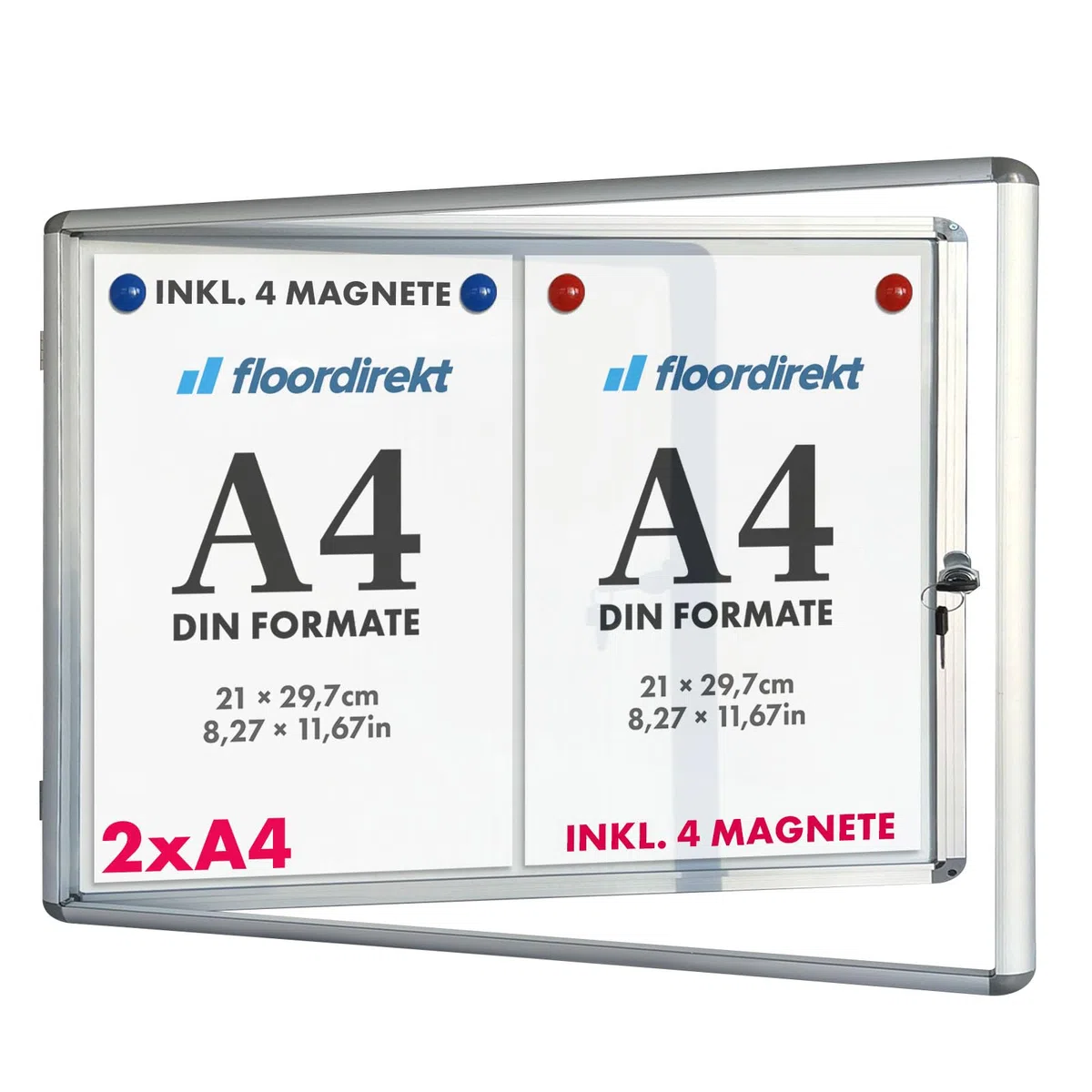 Floordirekt Vetrina 2 x A4 con 4 calamite, cassetta informativa, da appendere alla parete posteriore magnetica e scrivibile, con telaio in alluminio e vetro acrilico
