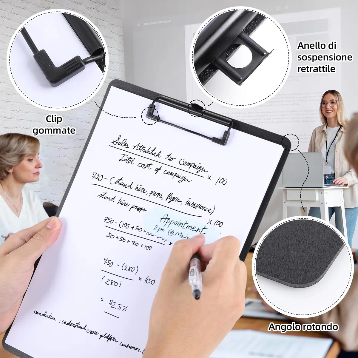 FRETONBA 6 Pezzi Portablocco A4, Cartellina Rigida con Pinza, Portablocchi in Plastica Con Ganci Retrattili, Porta Fogli A4 da Scrivania per Scuola, Ufficio e Biblioteca(Nero)