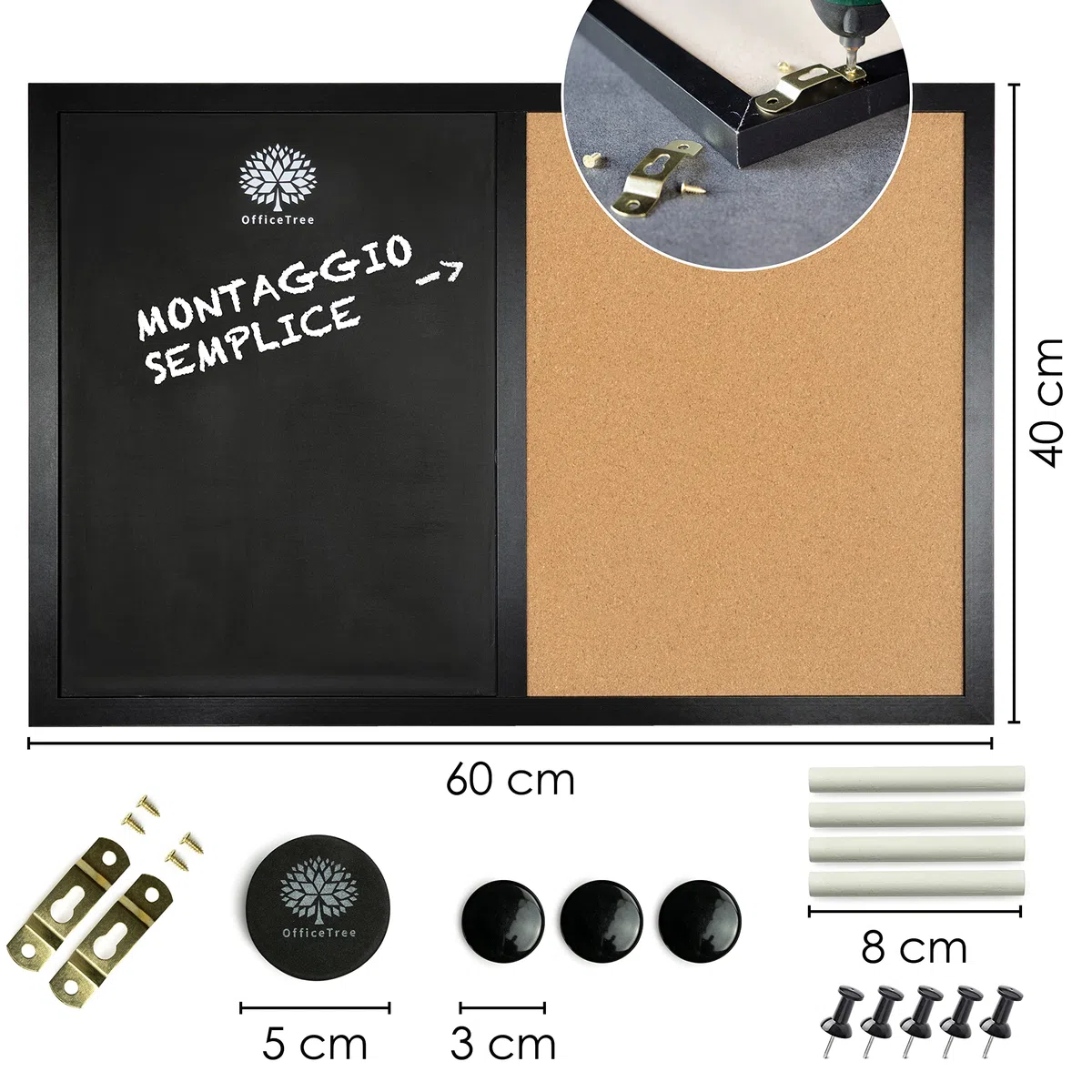 OfficeTree 60x40cm Lavagna magnetica da parete 2in1 Bacheca magnetica con lavagna sughero - Memo board con magneti, gesso e spugna