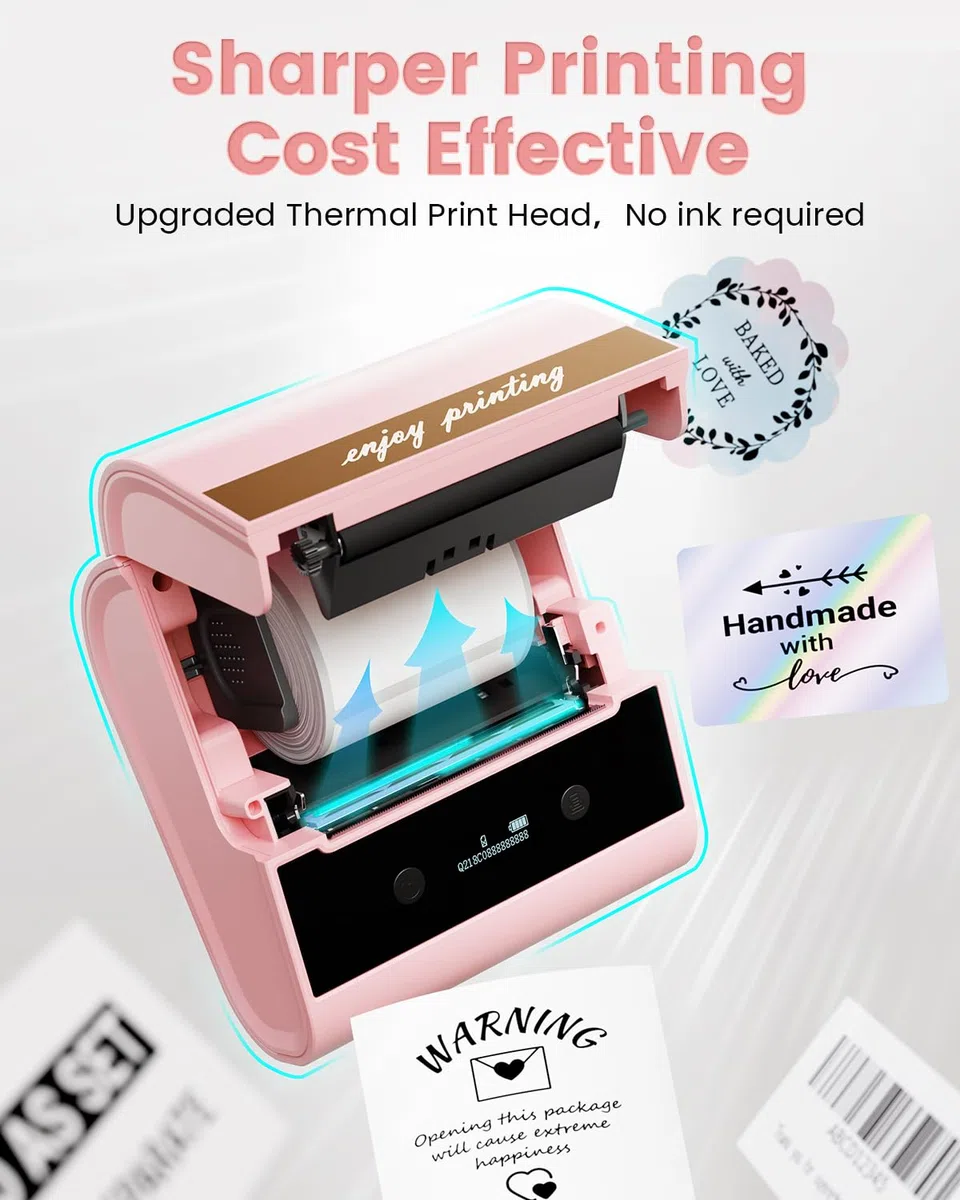 Memoking M260 Stampante per Etichette - Stampante termica per Etichette Portatile, Bluetooth Etichettatrice Etichette Adesive, Adatto per Ufficio,Codice a Barre, Trasporto, Cavo, Negozio, Rosa