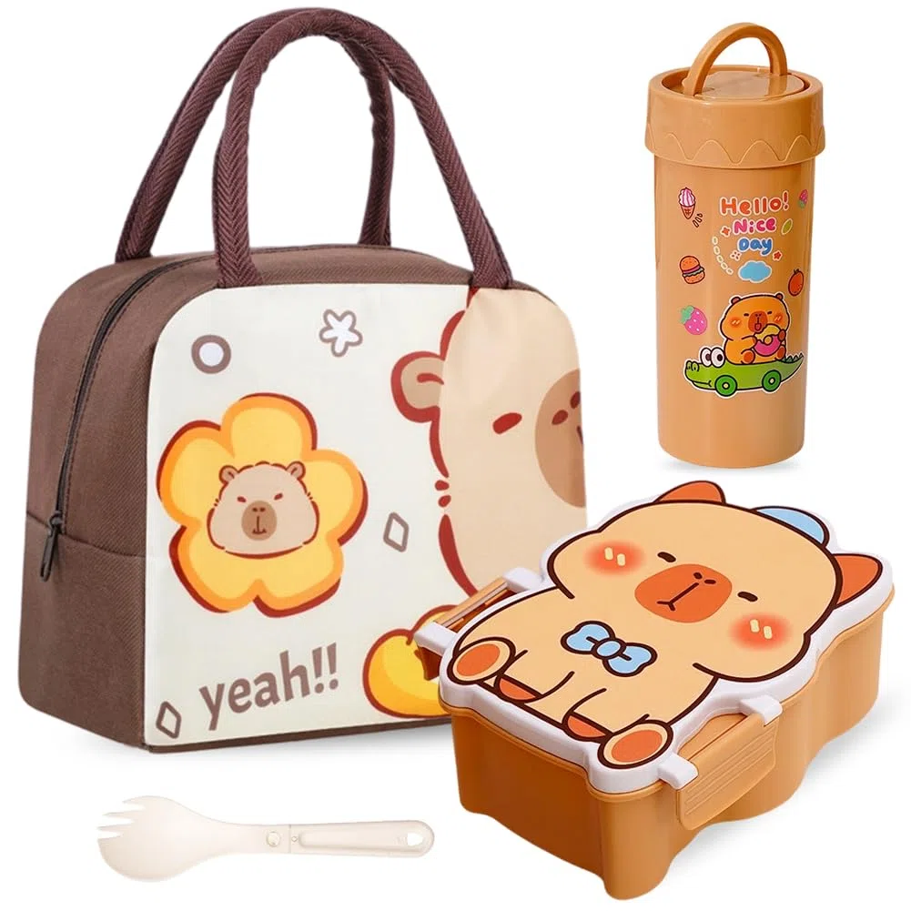Borsa Per Il Pranzo Capybara E Bambini Con Bicchiere e Porta Pranzo,Set Da Pranzo Per La Scuola,Borsa Termica Lunch Bag Porta Pranzo Al Sacco Cartoni Animati Per Viaggi,Lavoro,Scuola