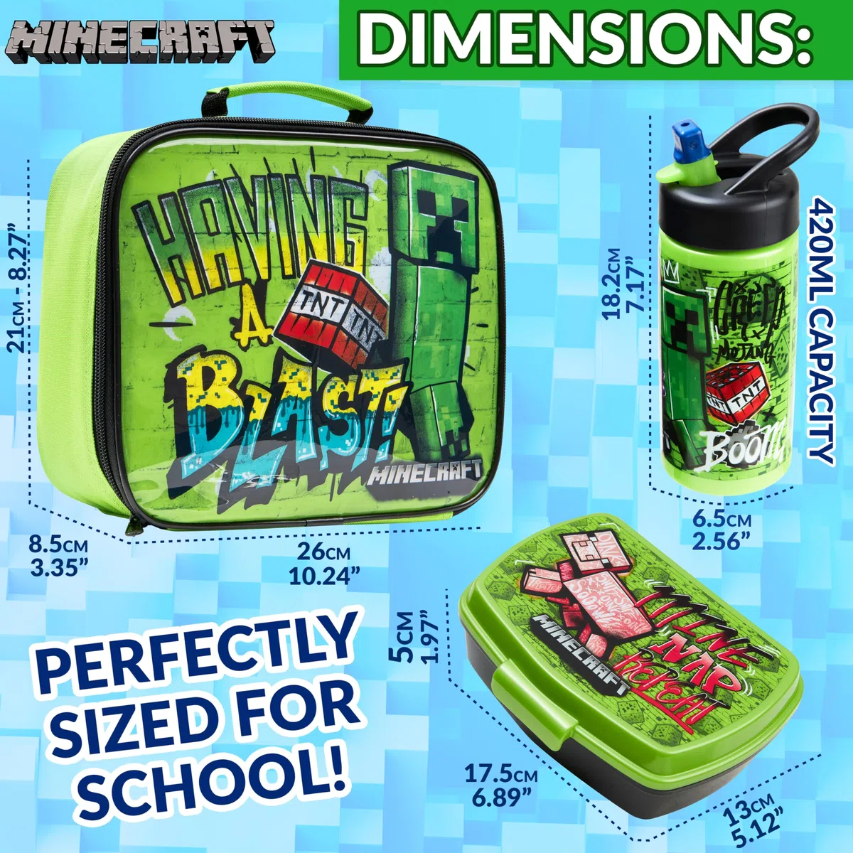 Minecraft Borsa Termica Pranzo, Borraccia e Porta Merenda Bambino - 3 Pezzi Set