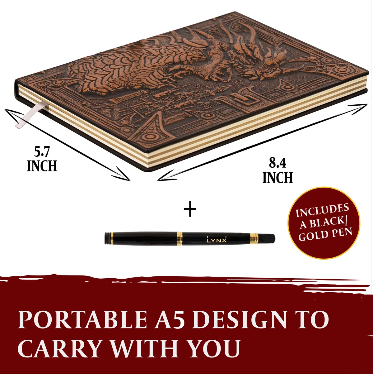 DND Notebook/Taccuino/Diario, 200 Pagine, Copertina in Ecopelle Goffrata con Drago di Bronzo 3D, con Penna, Ideale per Dungeons & Dragons/D&D/GDR/RPG, Regalo Nerd Fantasy DM e Giocatori, Uomini/Donne