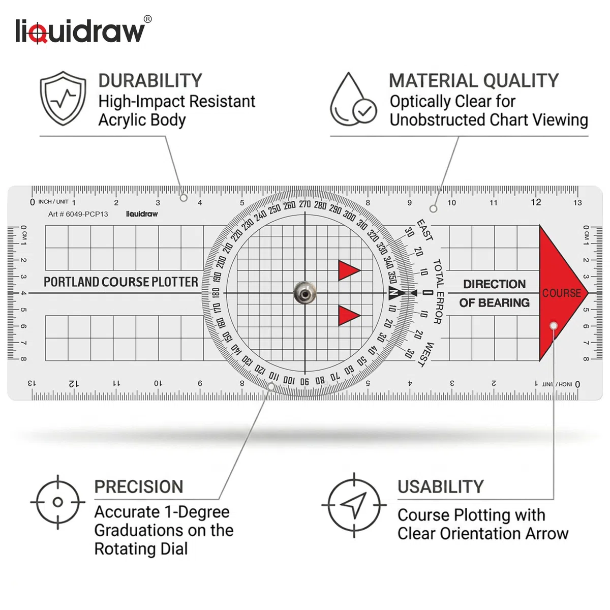 Liquidraw Portland Course Plotter con goniometro marino | Goniometro di navigazione | Strumento utile per la navigazione marina | Realizzato in acrilico trasparente resistente | Marcature chiare e