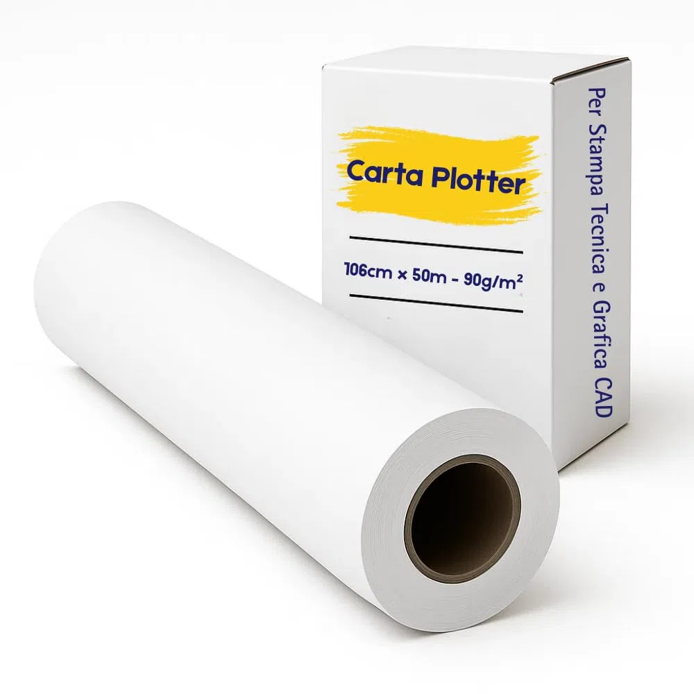 Confezione 1 Rotolo Plotter 106cm x 50m – 90g/m² | Carta Bianca Professionale per Stampa Tecnica, CAD, GIS e Grafica | Superficie Liscia, Asciugatura Rapida | Foro 50mm, Ø 96mm