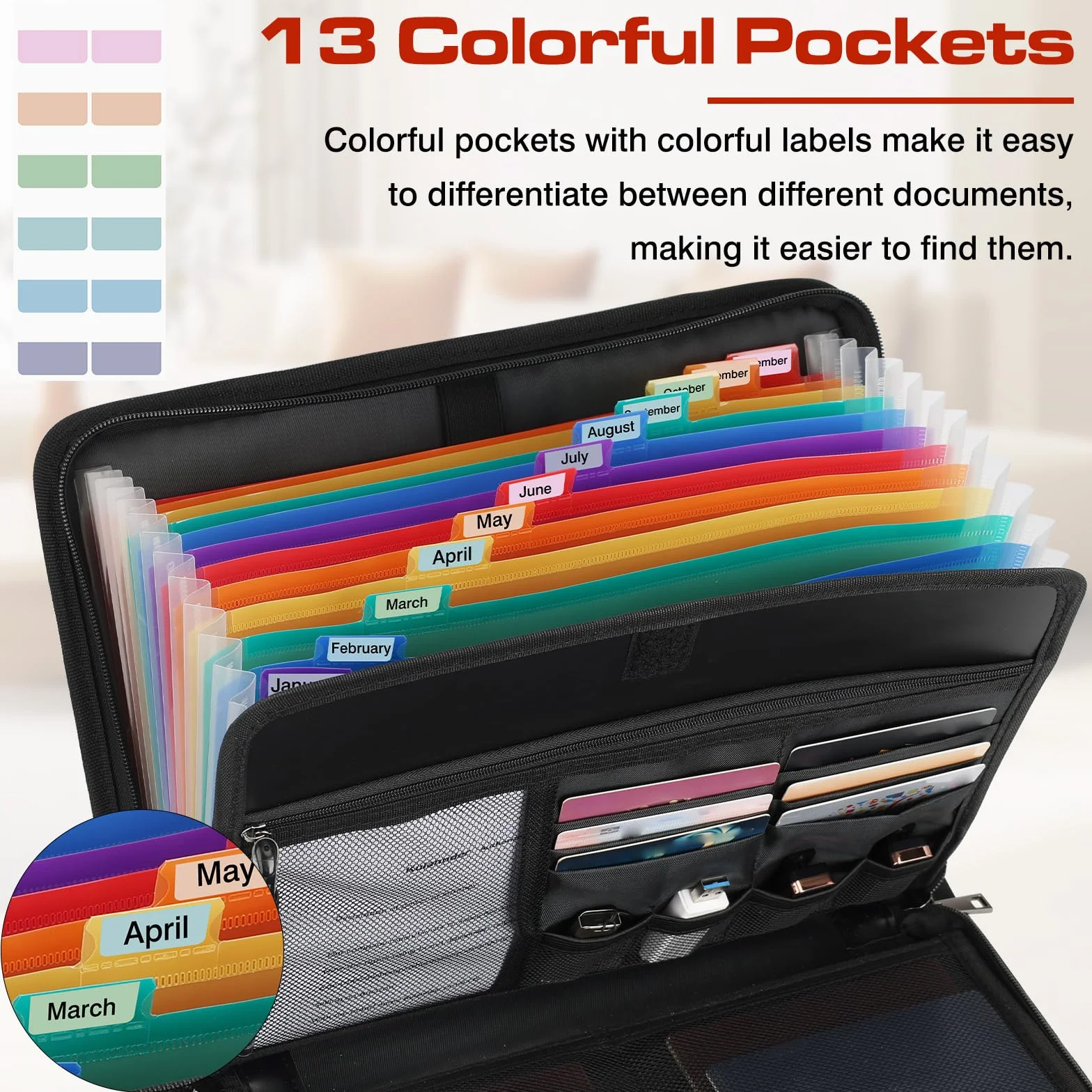 Cartella Portadocumenti A4,Cartella per Conferenze Ignifuga e Impermeabile,Cartella Espandibile con 13 Scomparti,Cerniera,e Etichette Colorate Con 1 Blocco Password per Ufficio, Casa, Scuola,(Nero)