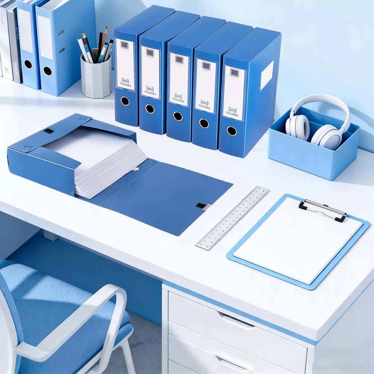 Scatola Archivio A4, 5 Pezzi Scatola Archivio con Coperchio, Dorso da 75 mm, Scatola per Documenti in plastica, Raccoglitori Documenti per Ufficio, Scuole (Blu)