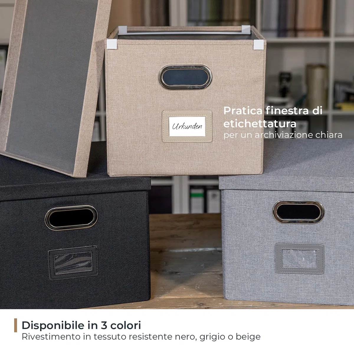 HMF scatola porta oggetti con coperchio per cartelle sospese DIN A4 | adatta per Kallax | 33 x 37,5 x 28 cm | grigia