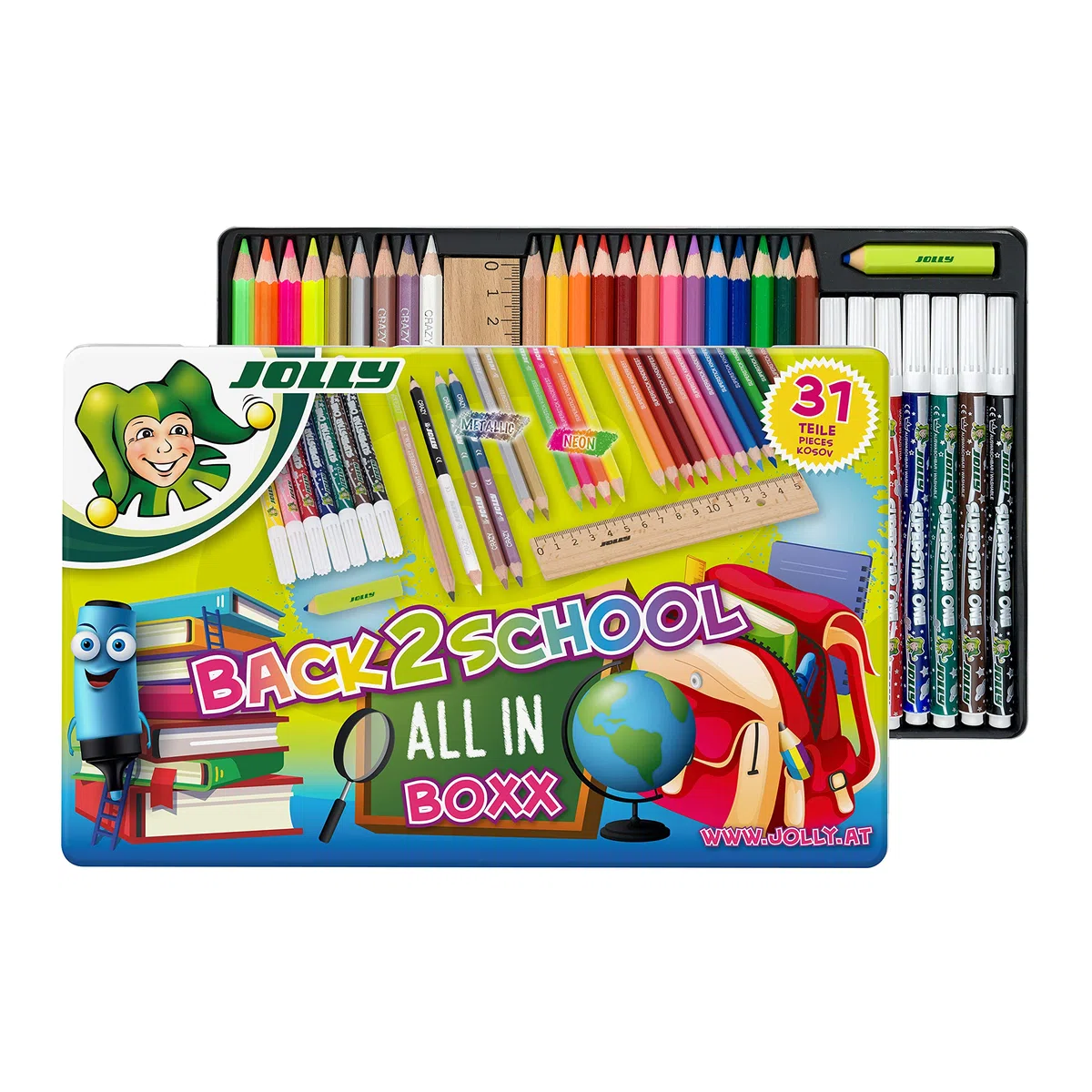JOLLY Back to School Box, set di partenza per la scuola con 31 pezzi, incl. Matite colorate, pennarelli, matite in grafite, righello e gomma, colori vivaci e ricchi, robusta custodia in metallo