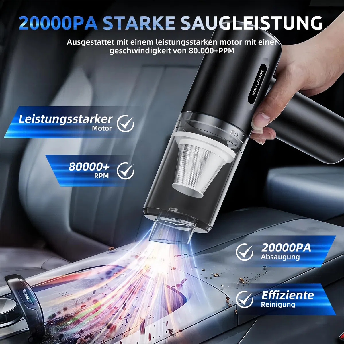 AECHO Aspirapolvere Auto Potente,20000pa 4 in 1 Aspirabriciole Senza Fili,Doppio Filtro,Leggero e Ricaricabile,Aspirapolvere a Mano per PC,Auto,Divano,Animale Domestico,Cucina
