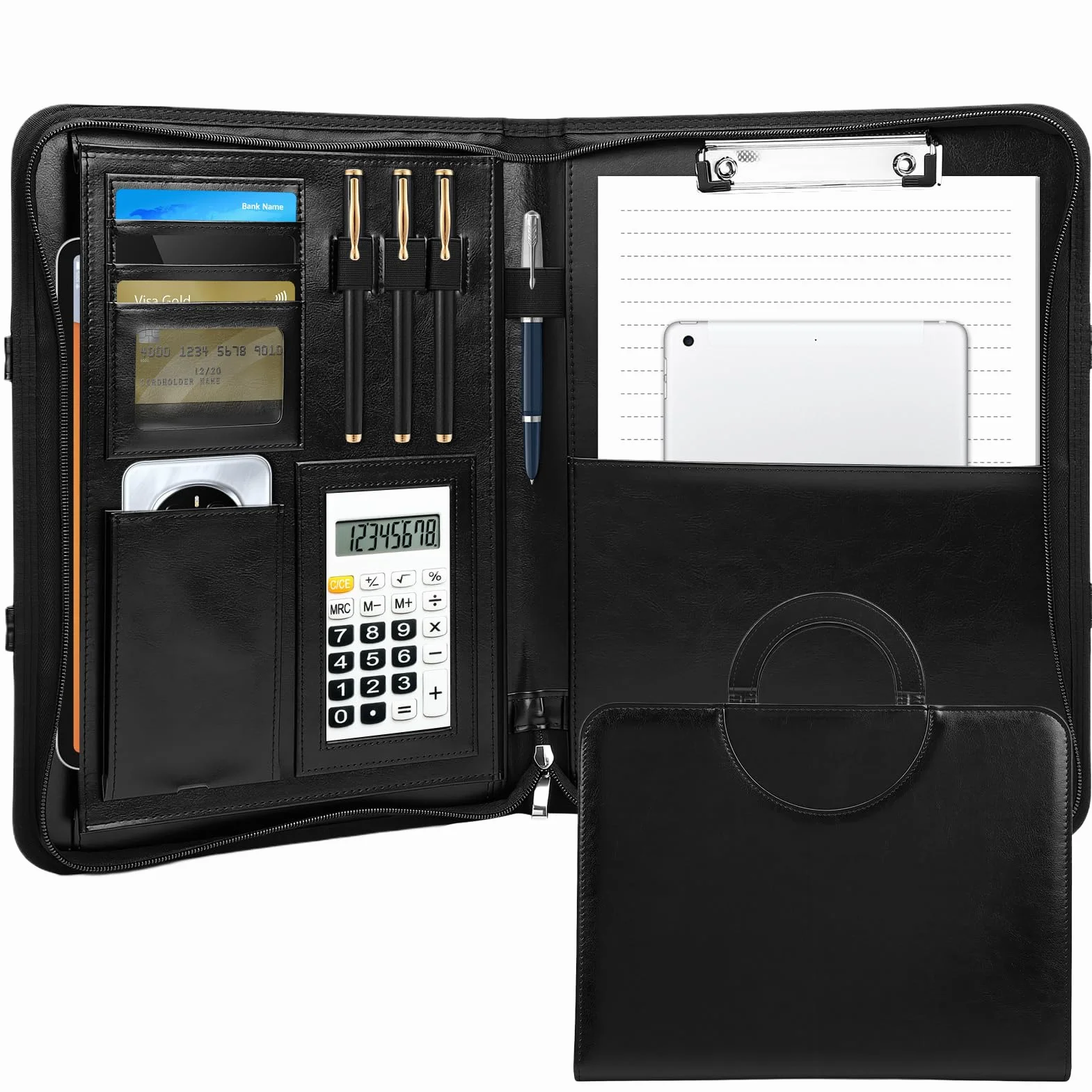 Cartella business in pelle vegana di alta qualità con chiusura lampo, organizer Padfolio per donna e uomo, mappa con scomparto per carte, blocco per appunti e scomparto per carte per affari, scuola e
