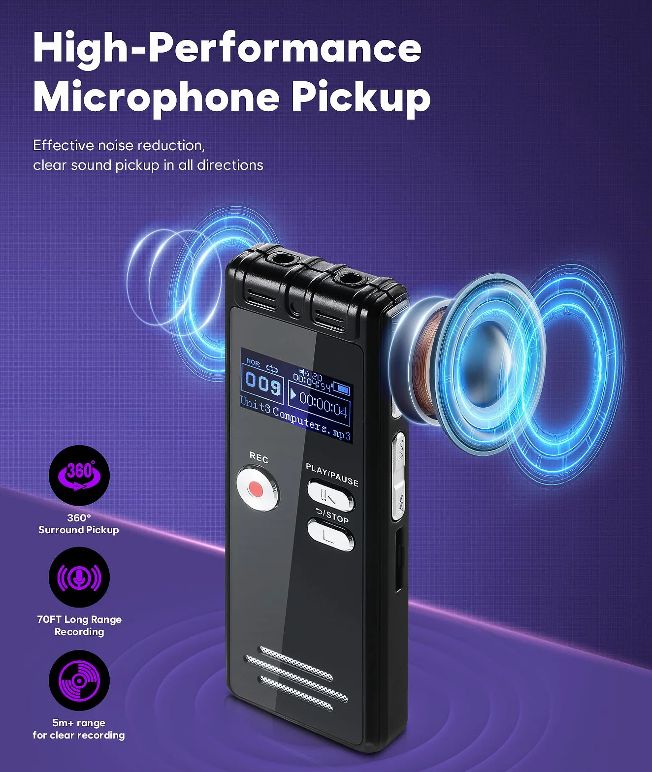 Registratore vocale digitale da 64G, 1536 kbps, interfaccia di tipo C, dispositivo di registrazione a nastro One-Touch-HD Dual MIC, per conferenze, interviste, riunioni