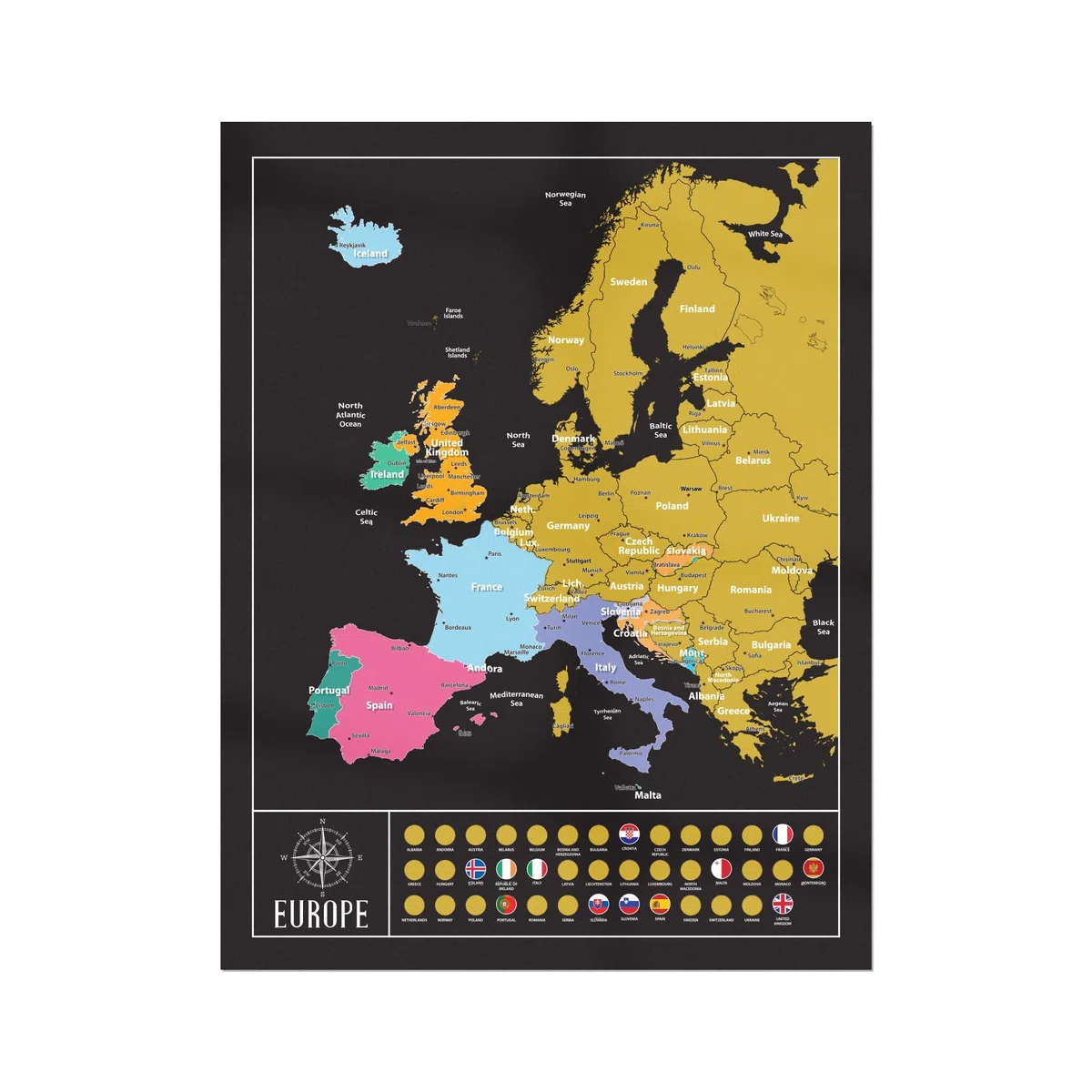 Gleneagles Scratch Off Europe Travel Tracker Poster - Black Gold Map with Scratch-Off Places 54x70 Adventure Map for Travellers Gift for Men & Women Bucket List