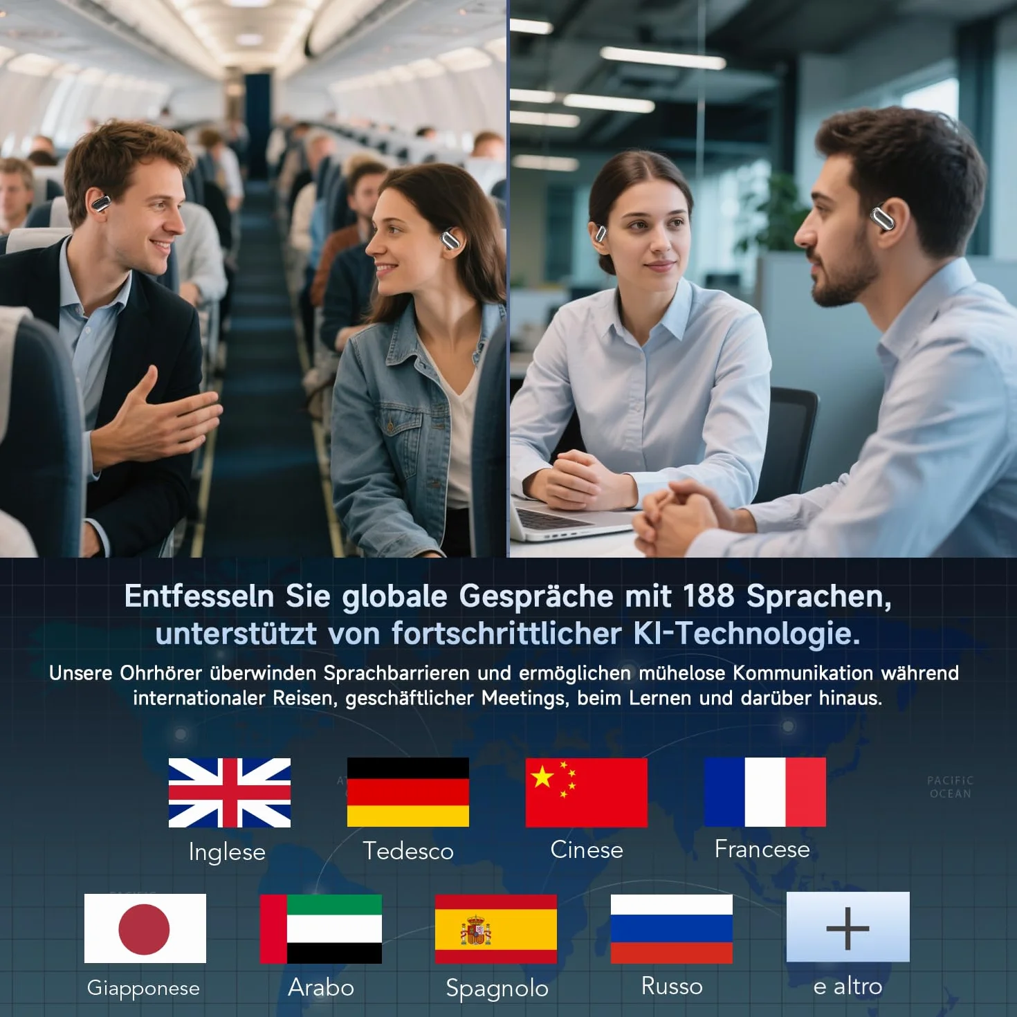 AI Cuffie Traduzione 4-in-1 in 188 Lingue Bluetooth 6.1 Auricolari Cuffiette Traduttore Istantaneo Vocale,Open Ear 60 ore Cancellazione Rumore ENC,IPX7 Traduttori Istantanei Vocali per Affari, Viaggi
