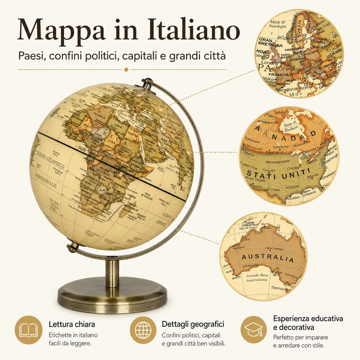 Exerz Mappamondo Antico 14cm Mappa Italiana Supporto Metallo Bronzo | Compatto per scrivania studio e libreria con finitura ideale per bambini adulti casa ufficio e regali Globo Terrestre Antico