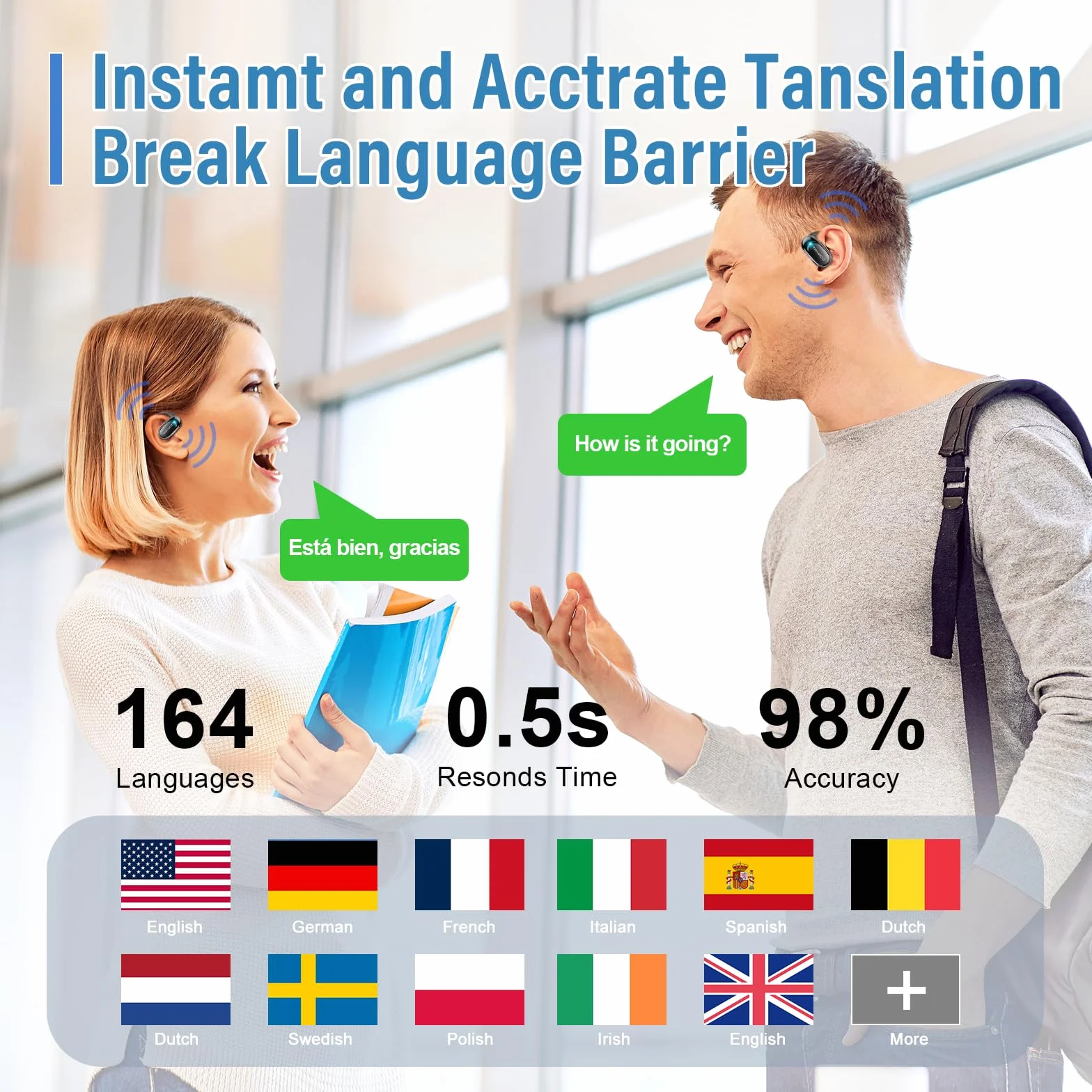 Bluetooth 5.4 Auricolari traduttori in Tempo reale con 164 Lingue, Cuffie Traduttore Simultaneo Vocale con 7 Modalità per Viaggi, Studio, Affari, Nero