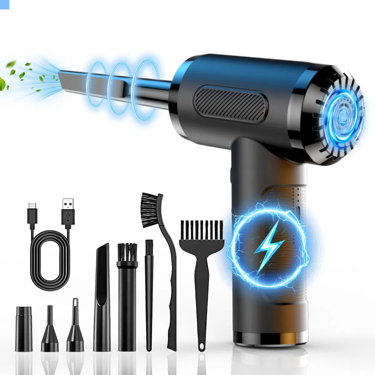 Elettrico Rimuovi Polvere, Soffiatore ad Aria Compressa 50000RPM e 6000mAh, 3 Velocità Aria Compressa Senza Fili con Luce LED e 5 Ugelli, Per Tastiera PC Auto Divano