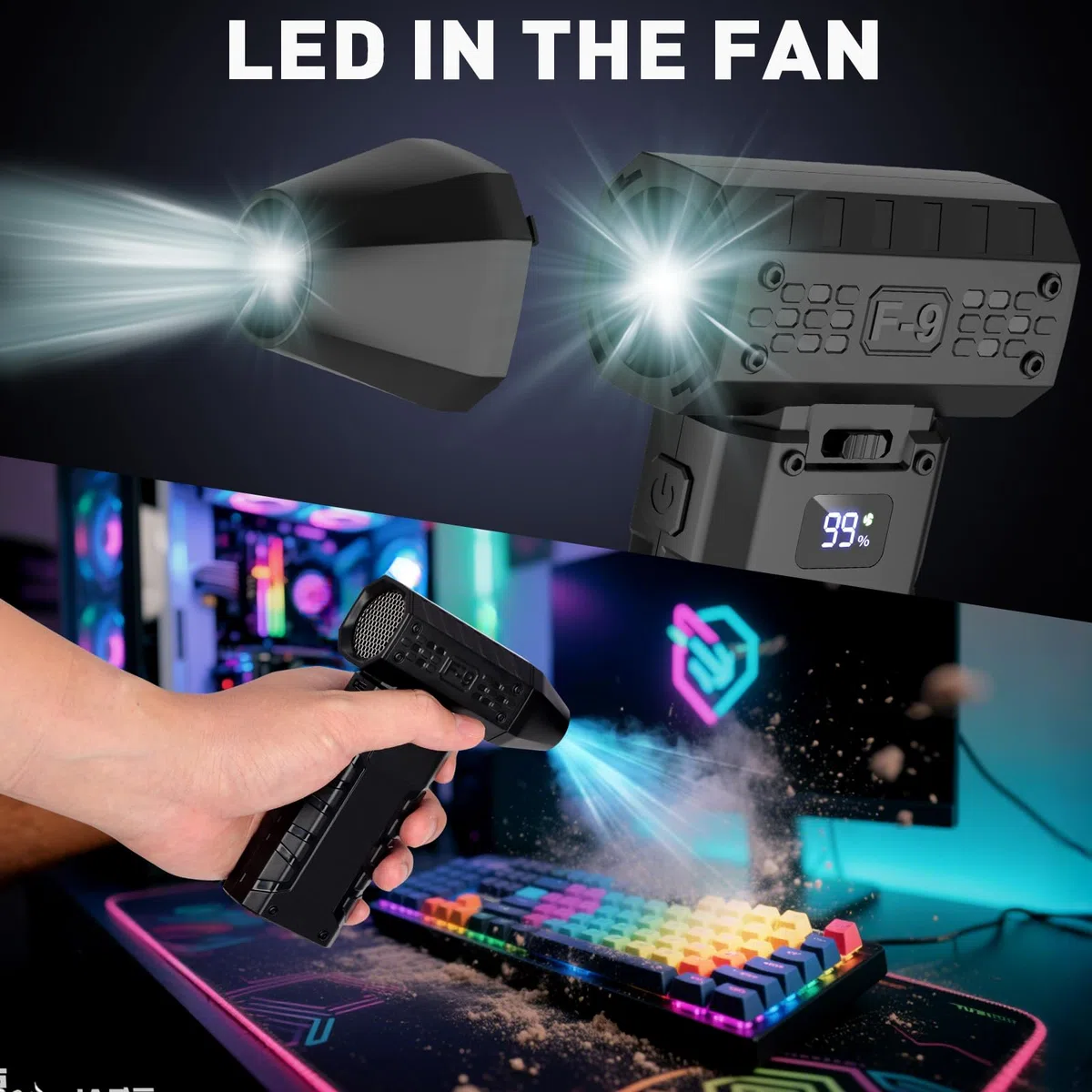 Soffiatore ad Aria Compressa, 110.000 giri/min, Velocità a Variazione Continua, Soffiatore D'aria Ricaricabile Senza Fili con Luce LED e Display HD, Soffiatore per Polvere per Tastiere di Computer