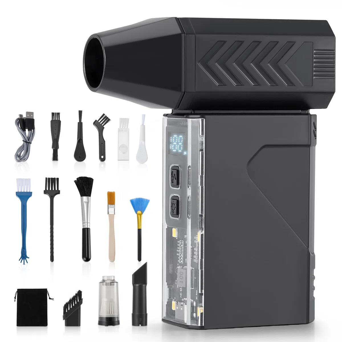 Sunowl Soffiatore Aria Compressa, 2 in 1 Aria Compressa Elettrico con 130000 RPM Super Power 1-100% Regolabile, Elettrico Air Duster con Ricarica Rapida, Luce LED per Computer, Tastiera, Auto, Divano