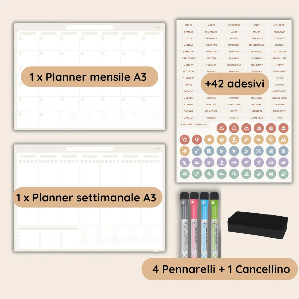 Calendario Magnetico da Frigorifero Formato A3 – Planner Mensile e Settimanale Cancellabile – 42 Adesivi per Eventi, 4 Pennarelli, 1 Gomma – Lavagna Magnetica – Tracker del Benessere
