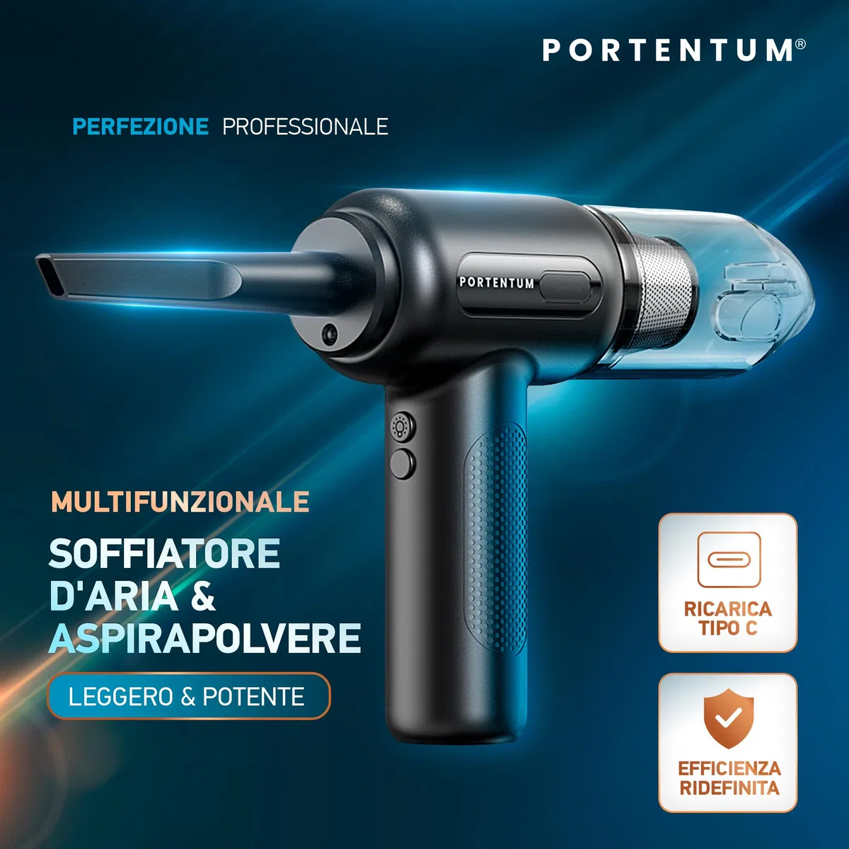 PORTENTUM® 2 in 1 Aspirapolvere Senza Fili et Aria Compressa - Batteria, 3 Velocità e Luce a LED - Aspirapolvere auto, Tastiera, PC, Casa, Auto