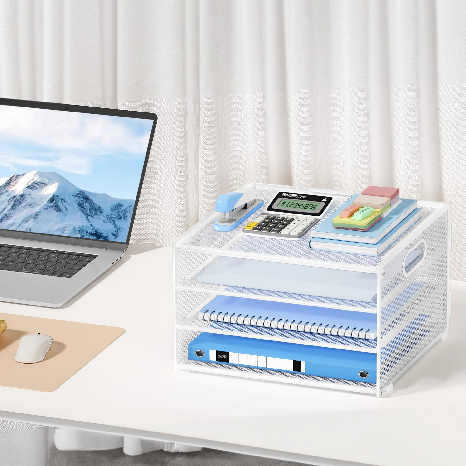 Marbrasse Organizer Scrivania in Rete Metal,4-Livelli Porta Documenti Rete con Maniglia,Vassoio Multifunzionale Organizzatore per Carta Lettere,per Ufficio Casa(Blu)