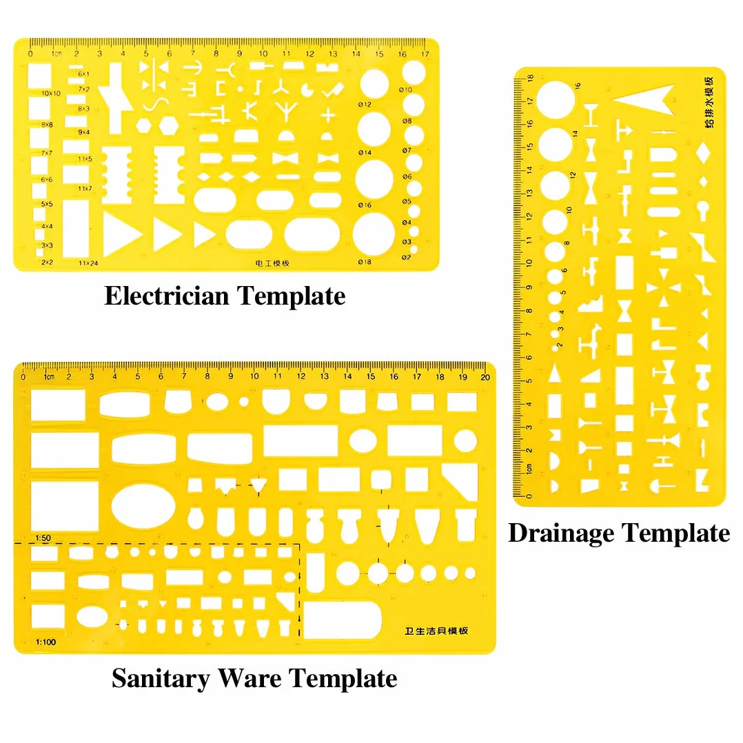 Swpeet Kit di 18 modelli di disegni geometrici gialli in plastica, 10 diversi modelli di misurazione geometrici, stencil con 2 matite e 5 righelli di misurazione per disegno, ingegneria e disegno