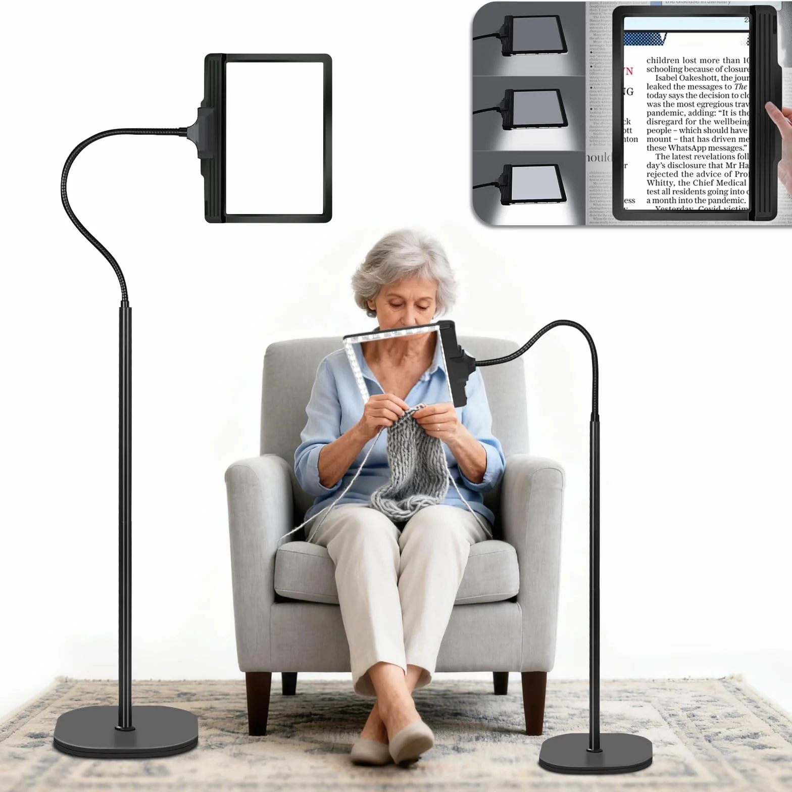 NZQXJXZ 5X Lente Ingrandimento con Luce e Supporto, 3 in 1 Ricaricabile Lampada con Lente di Ingrandimento con 43 LED a Luminosità Regolabile, Lente di Ingrandimento a Collo d'oca Flessibile