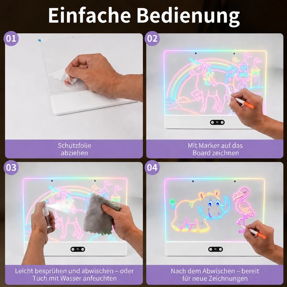Lavagna da disegno a LED con indicatore digitale della batteria, 35 x 26 cm, lavagna acrilica (bianca) con 8 colori e 7 penne al neon, lavagna luminosa riscrivibile, per bambini, ufficio, bar e