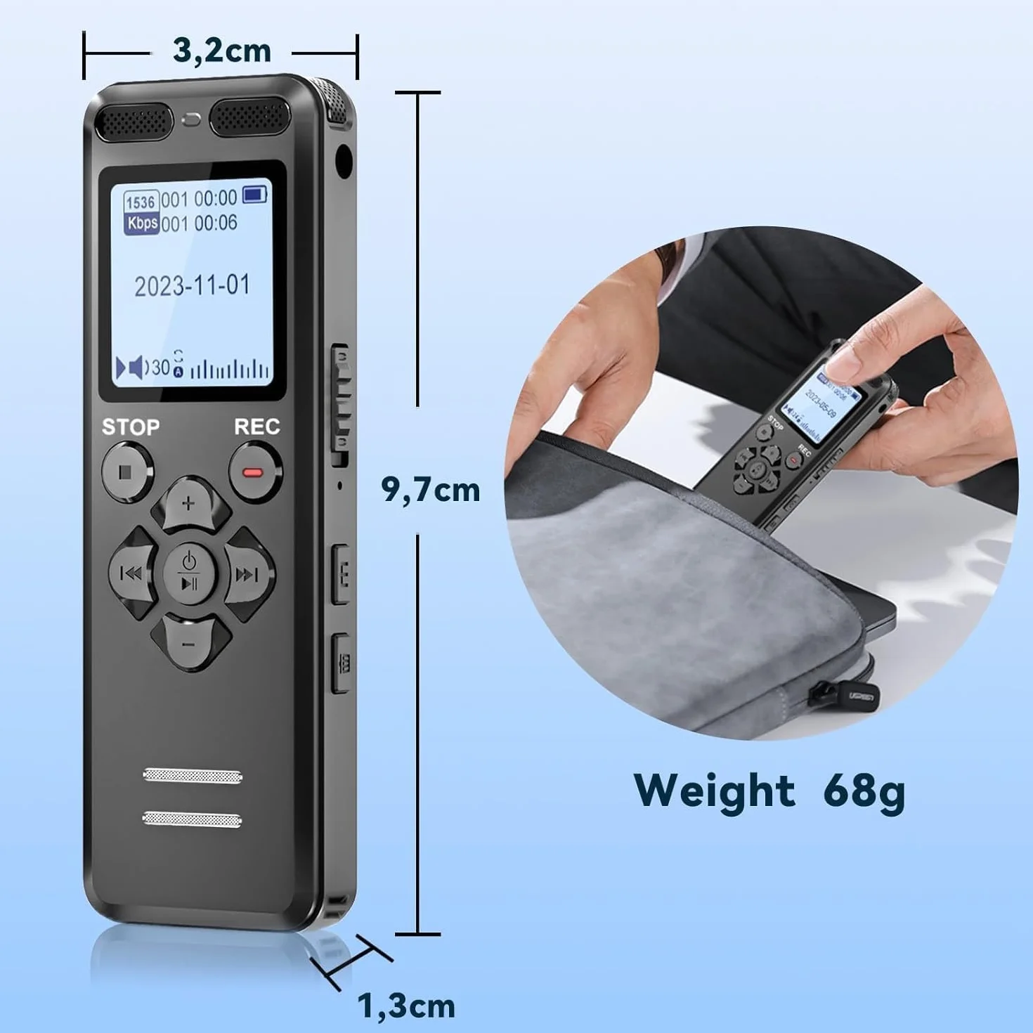 80GB Registratore Vocale, Tonnlog Registratori Vocali Digitali Professionale Portatile con Attivazione Vocale, USB-C Registratore Audio per Lezioni Riunioni, Registrazione/Bloccare con un Solo Clic