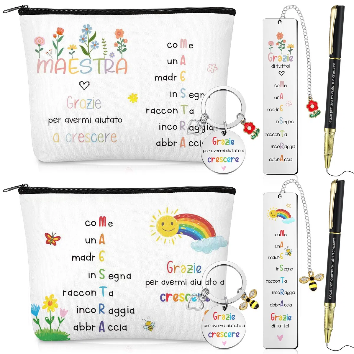 Xuniea 2 Set Regali Maestra Fine Anno Include 2 Segnalibri Maestra 2 Pochette 2 Penne e 2 Portachiavi Idee Regalo Insegnanti Pensieri per Asilo Grazie per Avermi Aiutato a Crescere
