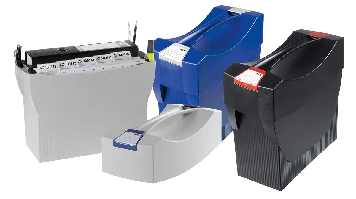 HAN SWING PLUS – Box per cartelle sospese – Pratico box per cartelle e raccoglitori, con integrato organizer per penne e pennarelli con coperchio, grigio chiaro, 1901-11
