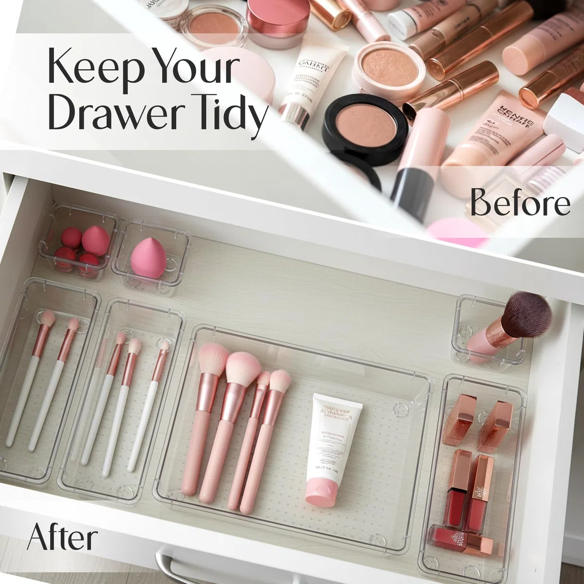 Kichly Confezione da 25 organizer per cassetti in plastica trasparente, per bagno, ufficio, cucina, camera da letto, trucco, scrivania, ecc
