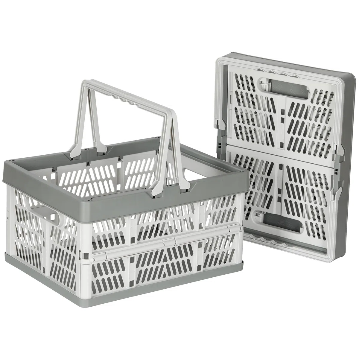 Senloglb - Cestino per la spesa pieghevole con manico, 32 l, in plastica, pieghevole, per auto, ufficio, supermercati, campeggio, aule, colore grigio
